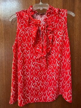 Loft Red Heart Print Ruffled Tie-Neck Sleeveless Blouse Size Medium